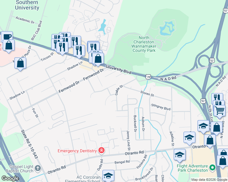 map of restaurants, bars, coffee shops, grocery stores, and more near 8875 Gable Street in North Charleston