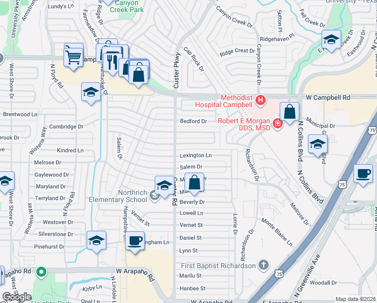 map of restaurants, bars, coffee shops, grocery stores, and more near 436 Lexington Lane in Richardson
