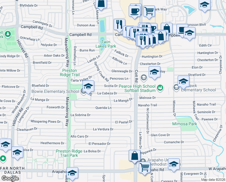 map of restaurants, bars, coffee shops, grocery stores, and more near 7820 La Cabeza Drive in Dallas