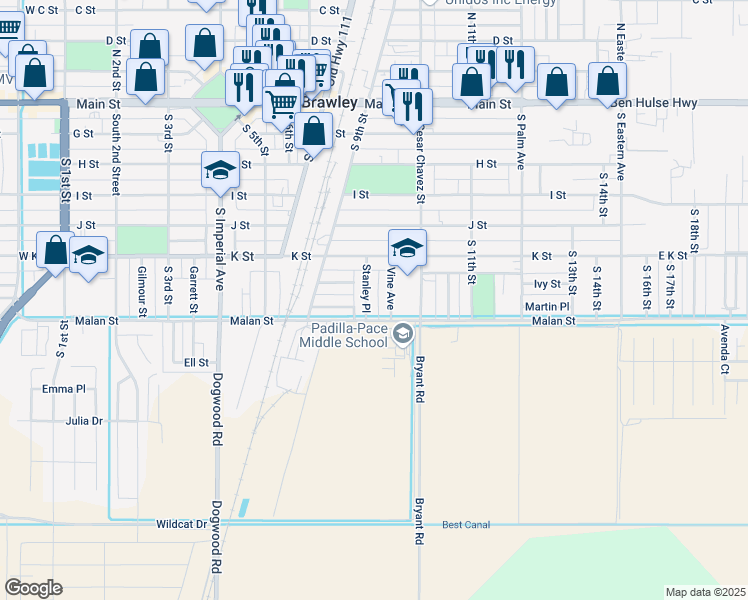 map of restaurants, bars, coffee shops, grocery stores, and more near 668 Stanley Place in Brawley