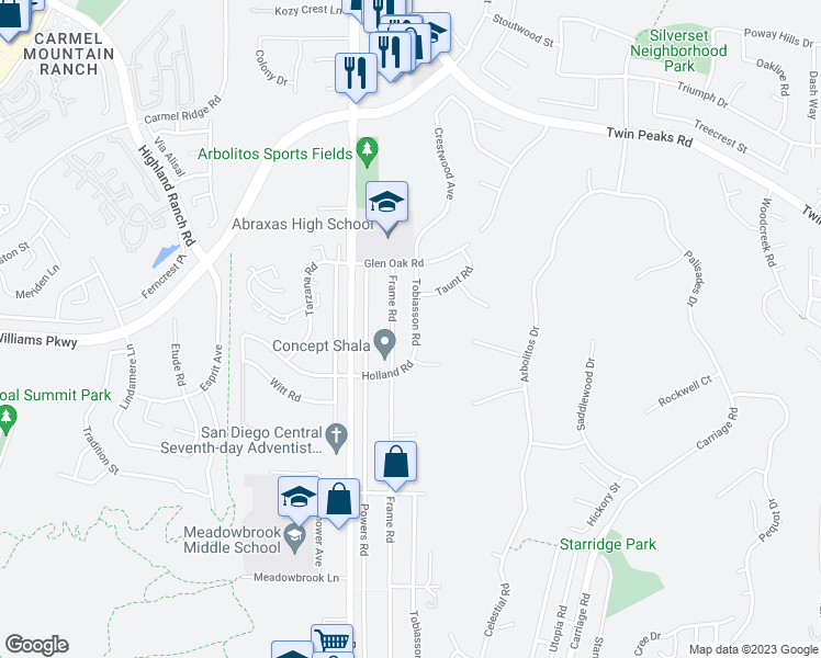 map of restaurants, bars, coffee shops, grocery stores, and more near 14126 Tobiasson Road in Poway