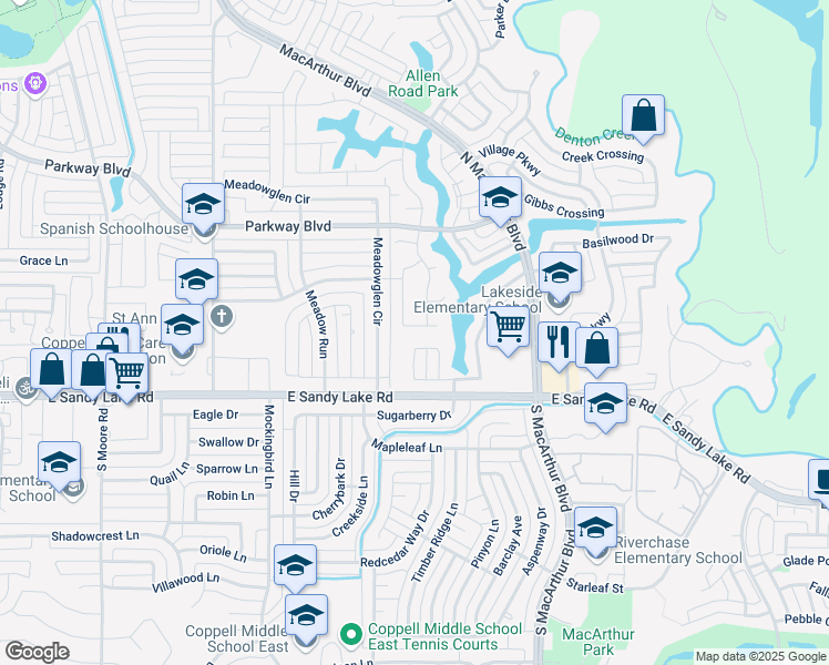 map of restaurants, bars, coffee shops, grocery stores, and more near 913 Westwind Cove in Coppell