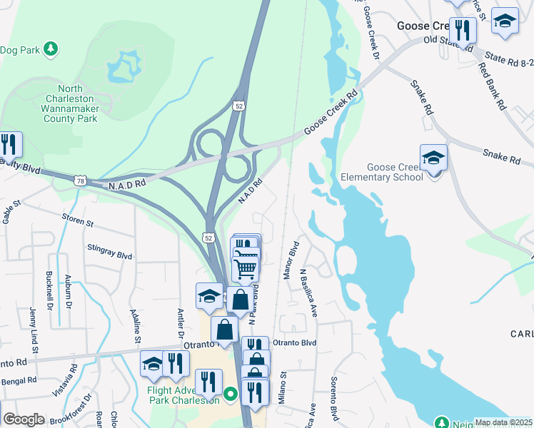 map of restaurants, bars, coffee shops, grocery stores, and more near 2120 Spoleto Lane East in North Charleston