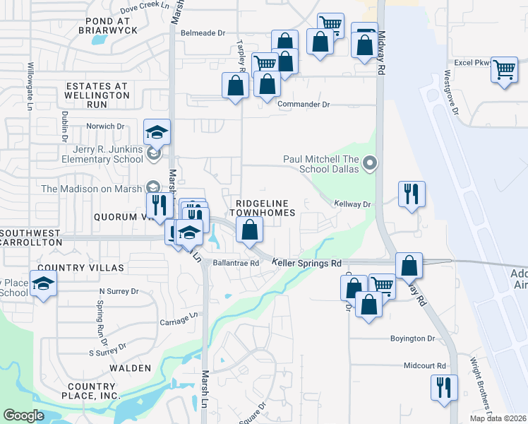 map of restaurants, bars, coffee shops, grocery stores, and more near in Carrollton