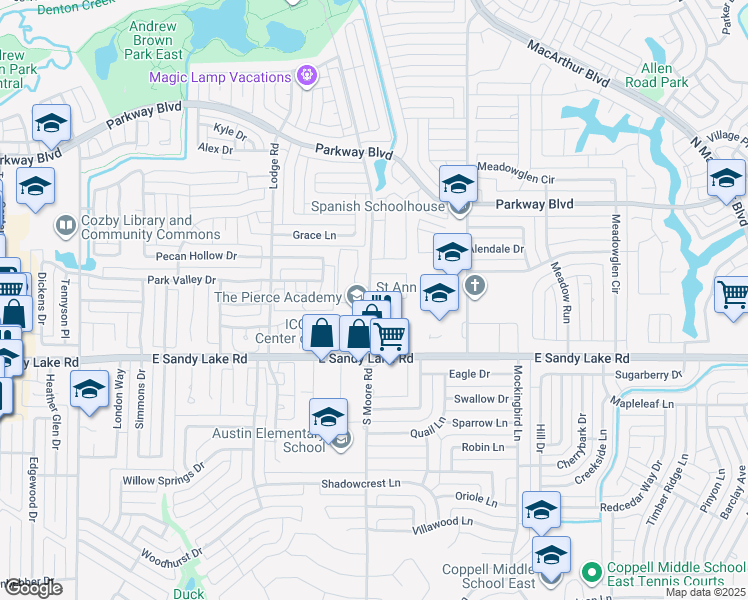 map of restaurants, bars, coffee shops, grocery stores, and more near 162 North Moore Road in Coppell