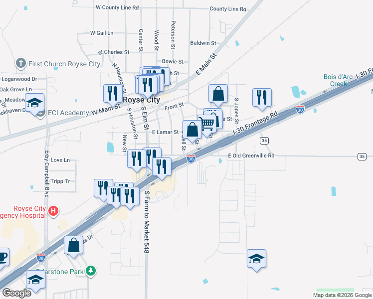 map of restaurants, bars, coffee shops, grocery stores, and more near 508 South Bell Street in Royse City