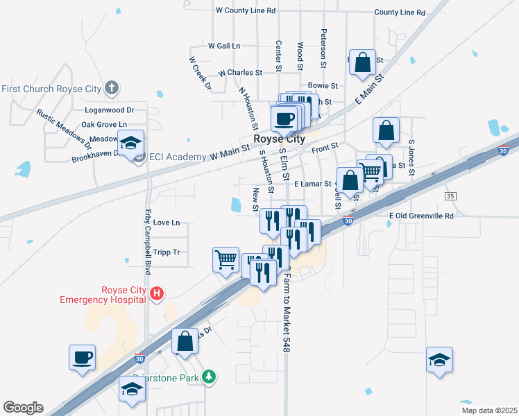 map of restaurants, bars, coffee shops, grocery stores, and more near 514 New Street in Royse City