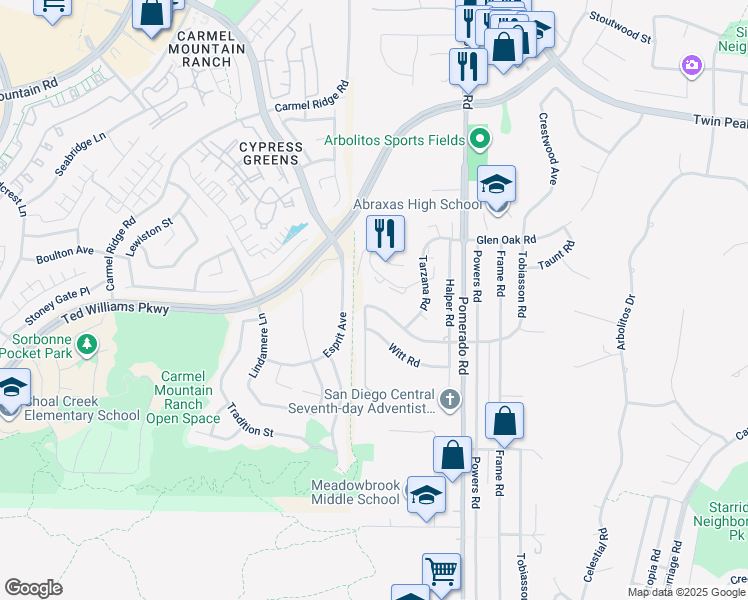 map of restaurants, bars, coffee shops, grocery stores, and more near 12210 Holland Road in Poway