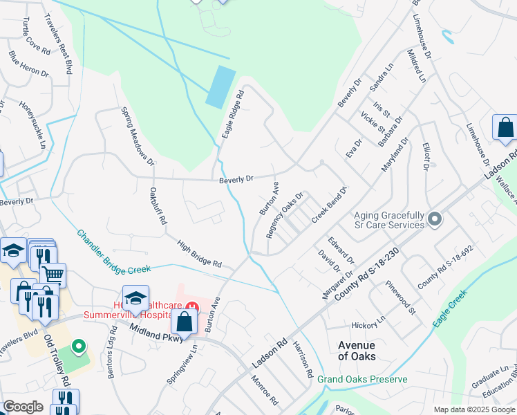 map of restaurants, bars, coffee shops, grocery stores, and more near 107 Creekside Drive in Summerville