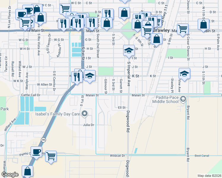map of restaurants, bars, coffee shops, grocery stores, and more near 677 S 3rd St in Brawley