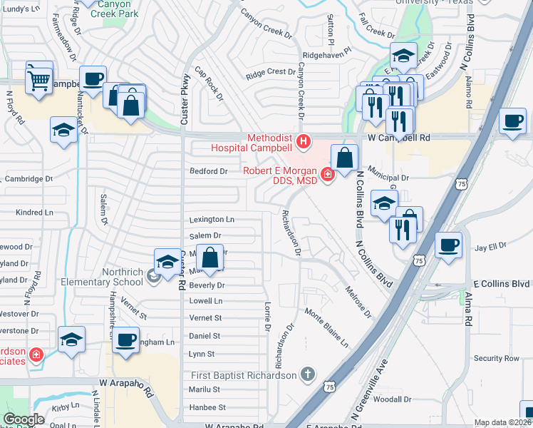 map of restaurants, bars, coffee shops, grocery stores, and more near 1612 Lorrie Drive in Richardson