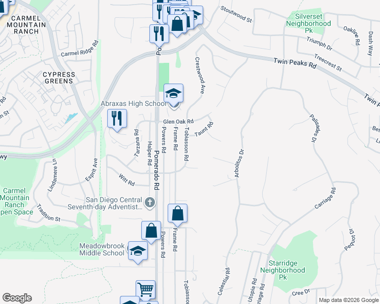 map of restaurants, bars, coffee shops, grocery stores, and more near 14127 Tobiasson Road in Poway