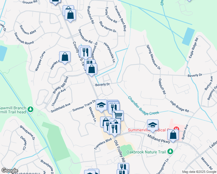 map of restaurants, bars, coffee shops, grocery stores, and more near 900 Westbury Mews Drive in Summerville