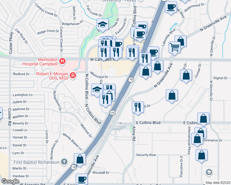 map of restaurants, bars, coffee shops, grocery stores, and more near 1777 N US 75-Central Expy 1000 in Richardson