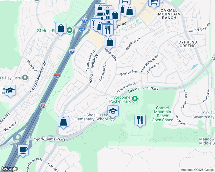 map of restaurants, bars, coffee shops, grocery stores, and more near 11767 Windcrest Lane in San Diego