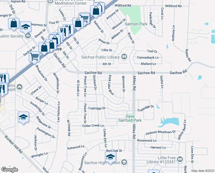 map of restaurants, bars, coffee shops, grocery stores, and more near 5320 Spring Creek Drive in Sachse