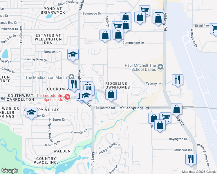 map of restaurants, bars, coffee shops, grocery stores, and more near 2925 Keller Springs Road in Carrollton