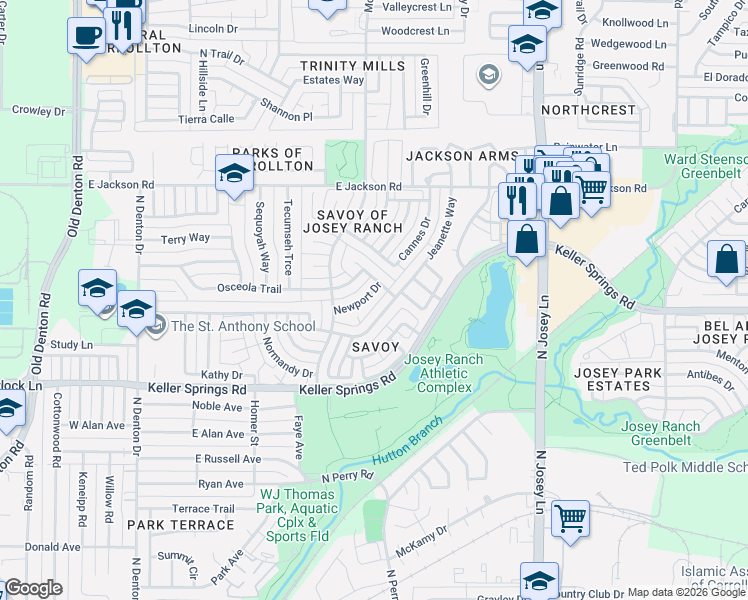 map of restaurants, bars, coffee shops, grocery stores, and more near 1314 Newport Drive in Carrollton