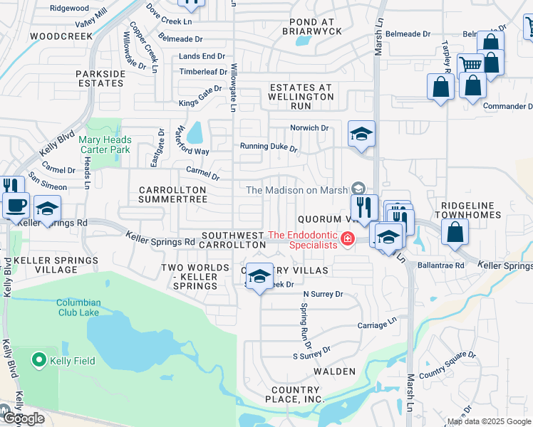 map of restaurants, bars, coffee shops, grocery stores, and more near 2752 Summertree Drive in Carrollton