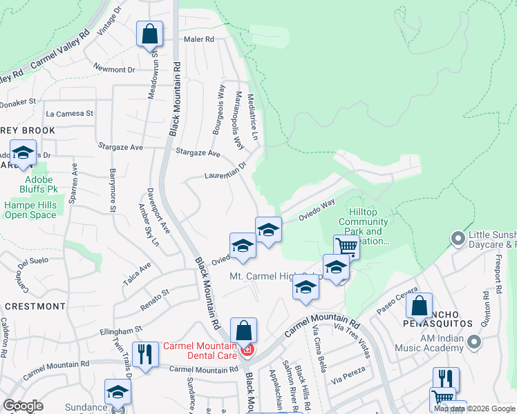 map of restaurants, bars, coffee shops, grocery stores, and more near 9551 Stargaze Avenue in San Diego