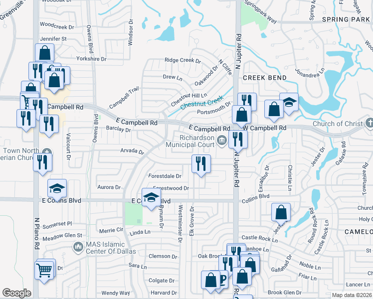 map of restaurants, bars, coffee shops, grocery stores, and more near 1911 Country Meadow Ln in Richardson