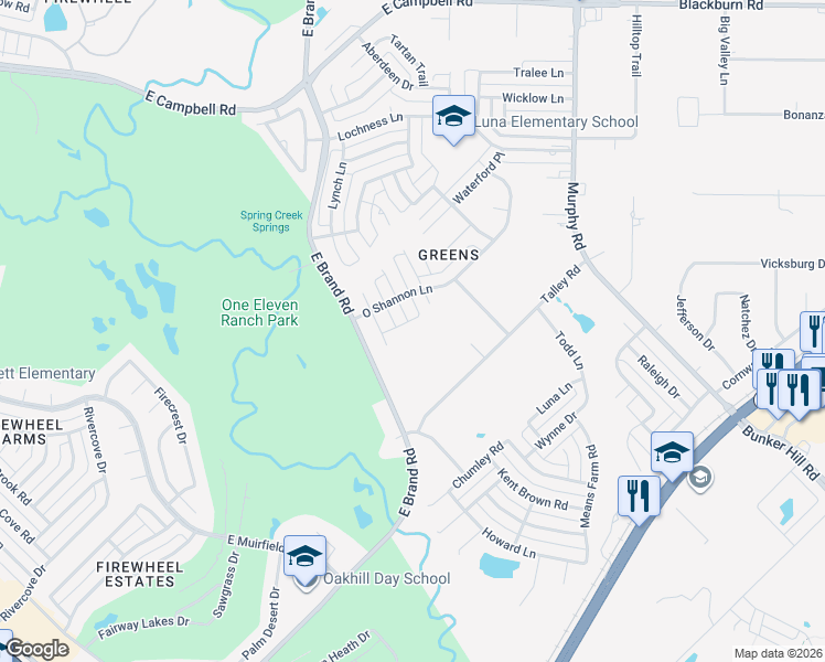 map of restaurants, bars, coffee shops, grocery stores, and more near 6202 Scottsboro Lane in Garland