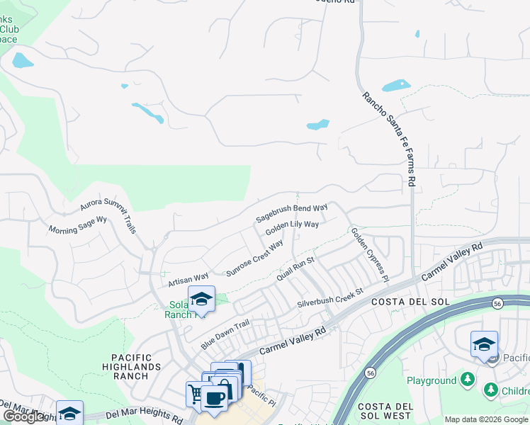 map of restaurants, bars, coffee shops, grocery stores, and more near 6262 Sagebrush Bend Way in San Diego