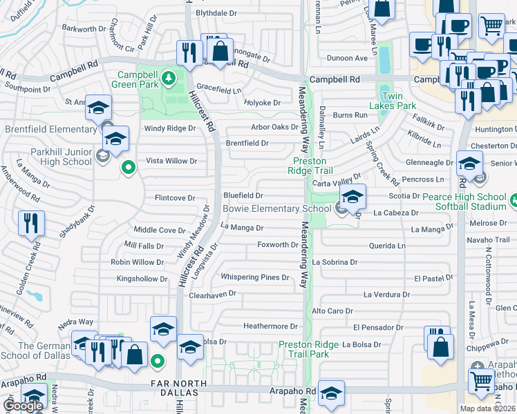 map of restaurants, bars, coffee shops, grocery stores, and more near 7309 Authon Drive in Dallas