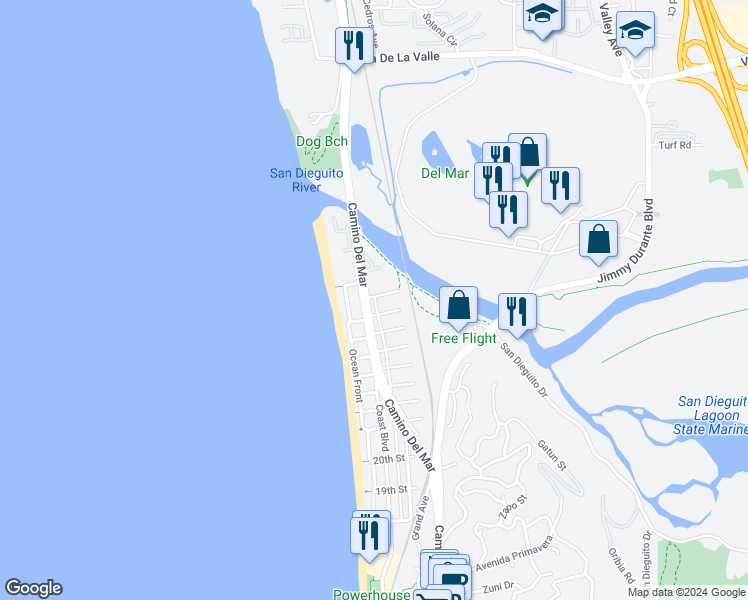 map of restaurants, bars, coffee shops, grocery stores, and more near 2715 Camino Del Mar in Del Mar