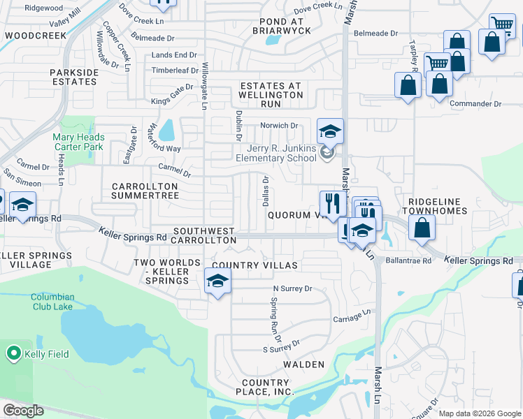 map of restaurants, bars, coffee shops, grocery stores, and more near 2221 Dallas Drive in Carrollton