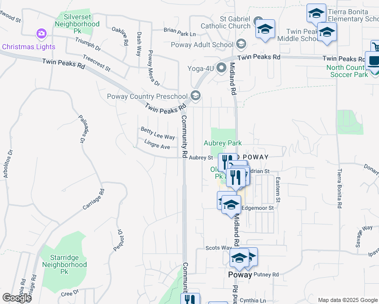 map of restaurants, bars, coffee shops, grocery stores, and more near 14219 Old Community Road in Poway