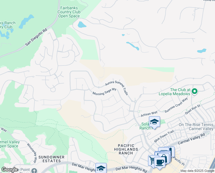 map of restaurants, bars, coffee shops, grocery stores, and more near 5361 Aurora Summit Trails in San Diego