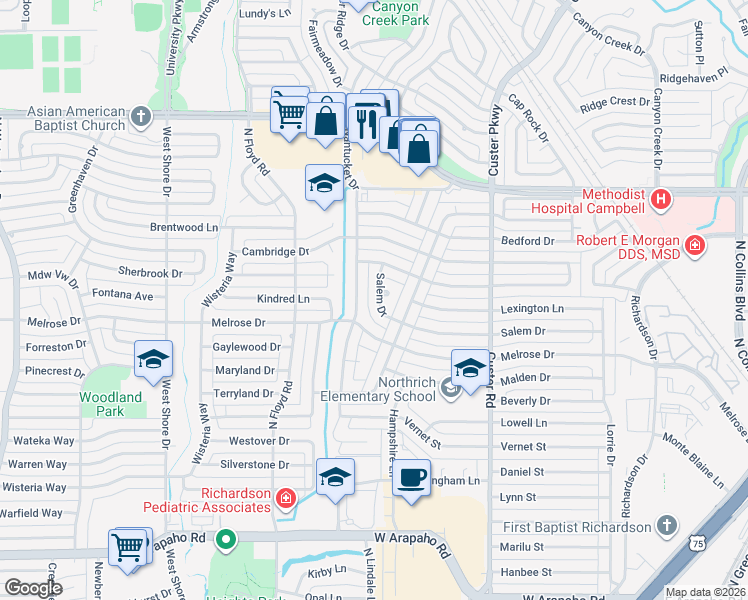 map of restaurants, bars, coffee shops, grocery stores, and more near 1615 Salem Drive in Richardson