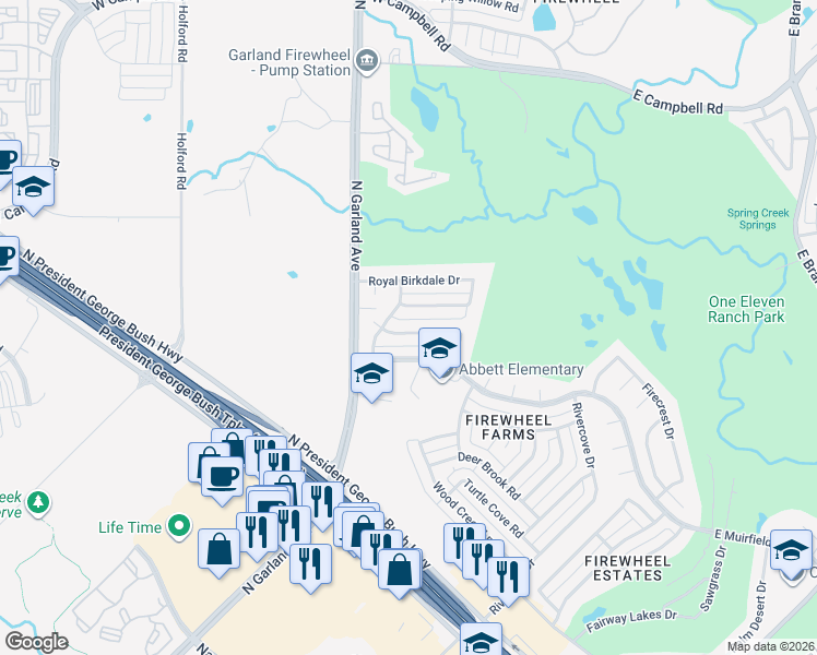 map of restaurants, bars, coffee shops, grocery stores, and more near 817 Singing Hills Drive in Garland