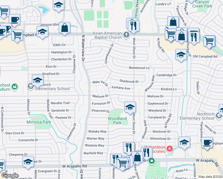 map of restaurants, bars, coffee shops, grocery stores, and more near 829 Fontana Avenue in Richardson