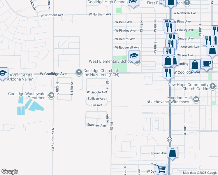 map of restaurants, bars, coffee shops, grocery stores, and more near 707 9th Place in Coolidge