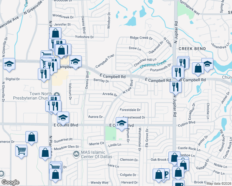 map of restaurants, bars, coffee shops, grocery stores, and more near 1723 Arvada Drive in Richardson