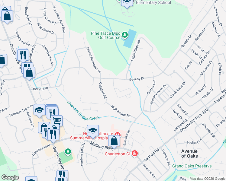 map of restaurants, bars, coffee shops, grocery stores, and more near 113 Garden Grove Drive in Summerville