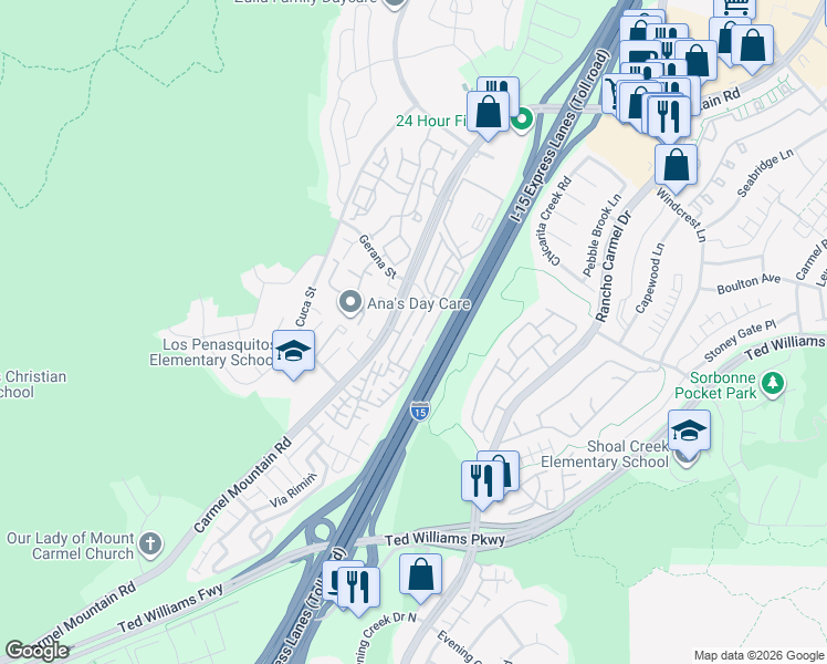 map of restaurants, bars, coffee shops, grocery stores, and more near 10854 Everly Way in San Diego