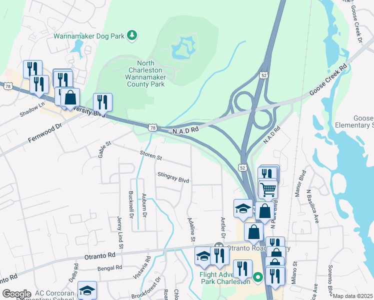 map of restaurants, bars, coffee shops, grocery stores, and more near 8875 Old University Boulevard in Charleston