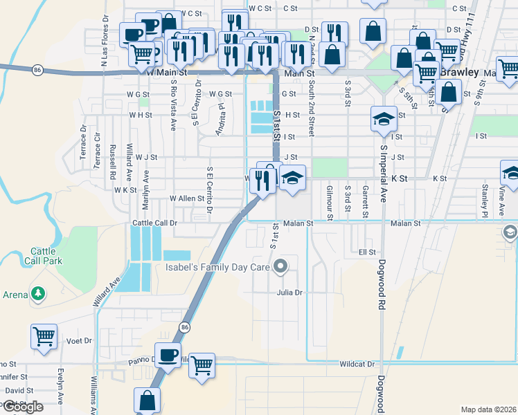 map of restaurants, bars, coffee shops, grocery stores, and more near 630 South Brawley Avenue in Brawley