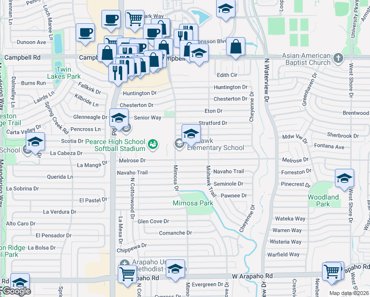 map of restaurants, bars, coffee shops, grocery stores, and more near 1500 Mimosa Dr in Richardson