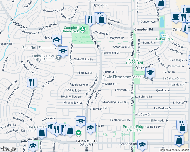 map of restaurants, bars, coffee shops, grocery stores, and more near 16006 Windy Meadow Drive in Dallas