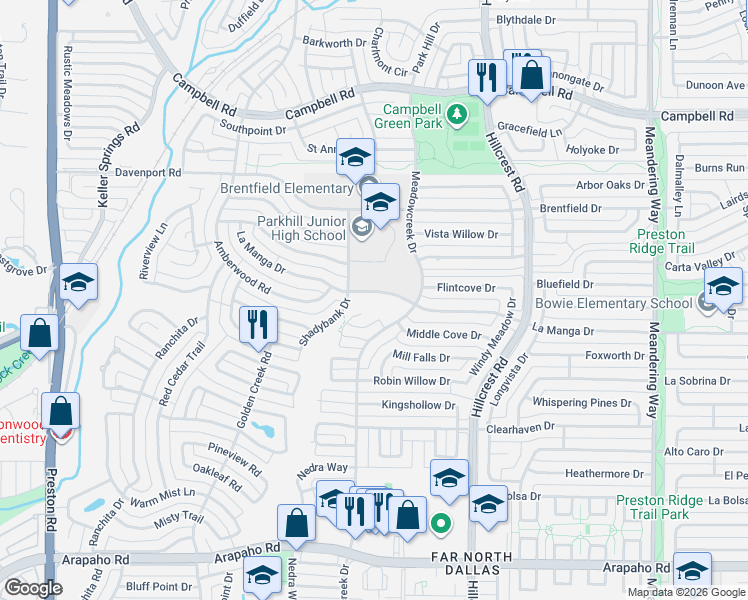 map of restaurants, bars, coffee shops, grocery stores, and more near 6710 La Manga Drive in Dallas