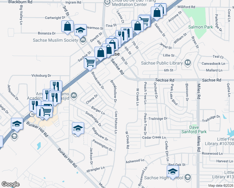 map of restaurants, bars, coffee shops, grocery stores, and more near 5014 Brookhollow Drive in Sachse