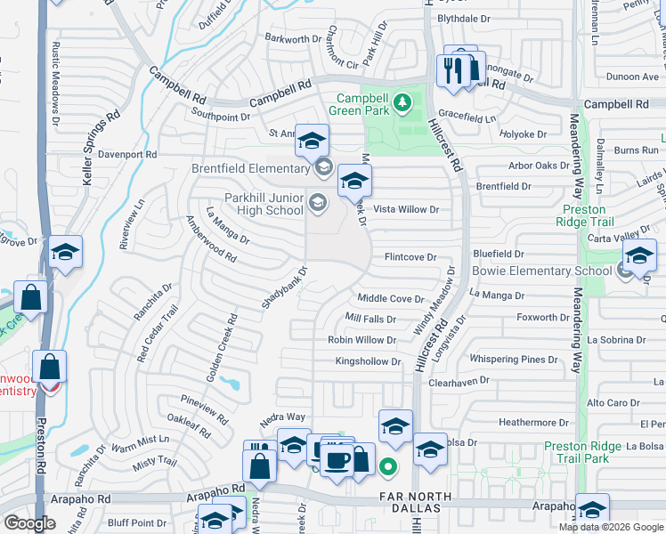 map of restaurants, bars, coffee shops, grocery stores, and more near 6710 La Manga Drive in Dallas