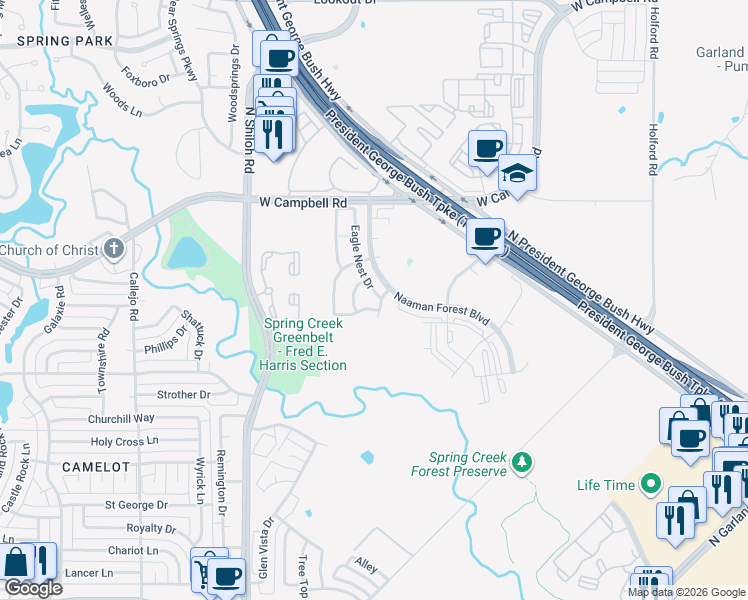 map of restaurants, bars, coffee shops, grocery stores, and more near 6101 Eagle Nest Drive in Garland