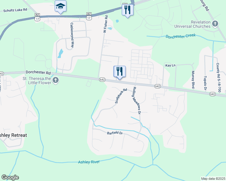 map of restaurants, bars, coffee shops, grocery stores, and more near 111 Coltsgate Court in Summerville