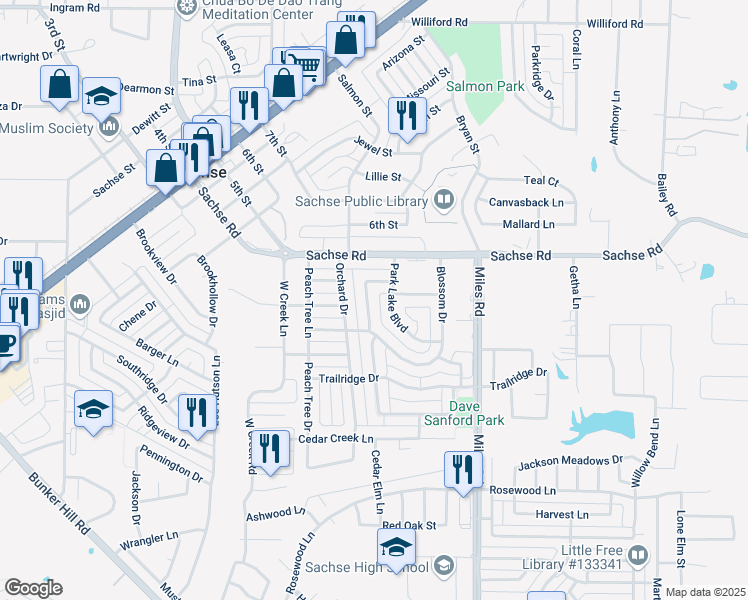 map of restaurants, bars, coffee shops, grocery stores, and more near 5320 Spring Creek Drive in Sachse