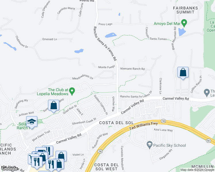 map of restaurants, bars, coffee shops, grocery stores, and more near 6461 Cypress Meadows Trail in San Diego